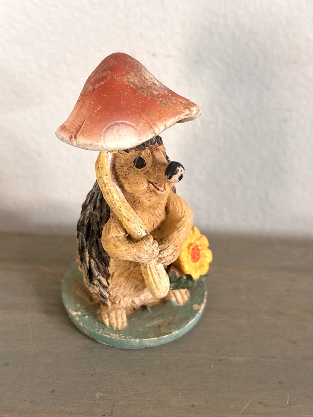 Vintage Woodland Hedgehog W/ Mushroom Umbrella Figurine Miniature Fairy Garden